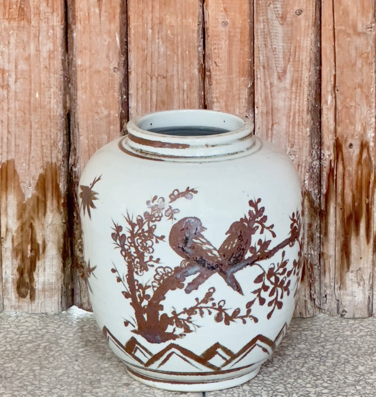 Brown Birds & Flower Barrel Vase